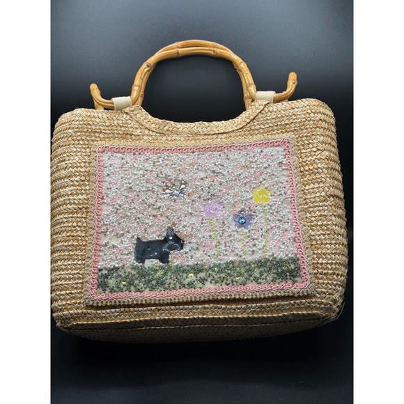 Cappelli Straworld Handbags - Cappelli Straworld Scottie‎ Dog Beaded Straw Tote Bag Bamboo Handle Tan Pink